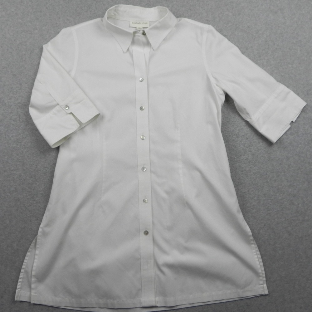 Coldwater Creek Shirt Top Womens Medium 10-12 Tunic Button Up White 1/2 Sleeve